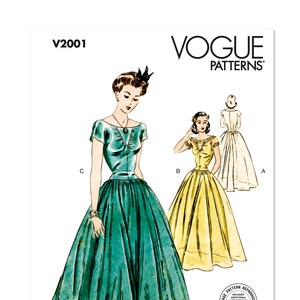 Vogue Sewing Pattern V2001 - Misses' Evening Dress w/Kimono Sleeves, Collarless Neckline, and Gathered Skirt - Vtg 1941 - Pick Your Size