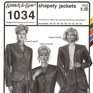 May include: A sewing pattern for shapely jackets, featuring three different views of the jacket. The pattern is designed by Ann Person and is for sizes 30-46. The pattern number is 1034.