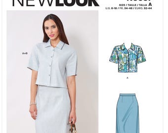 Puede incluir: Una mujer modela un traje de falda a rayas azul claro con una camisa de cuello y manga corta a juego. La imagen también muestra un patrón para una camisa de manga corta con estampado tropical y una falda lápiz. El texto "NEWLOOK" y el número de patrón "N6697" son visibles.