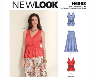 Puede incluir: Una mujer modela un conjunto de dos piezas de un patrón de costura New Look. El conjunto incluye un top coral sin mangas y una falda con estampado floral. El patrón es el N6668, con tallas de la 36 a la 48.