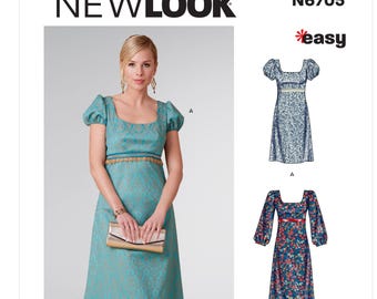 May include: A woman in a teal dress with a square neckline and puff sleeves, holding a clutch. The dress has a gold trim at the waist. The image also shows two dress patterns with floral prints. The text "NEW LOOK" and "easy" are visible.