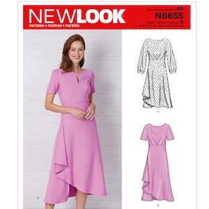 Könnte beinhalten: Ein rosa Kleidmuster von New Look, N6655, mit einer Frau in einem rosa Kleid mit kurzen Ärmeln und einem asymmetrischen Saum. Das Muster enthält Illustrationen des Kleid-Designs. Der Text "NEW LOOK" steht oben.