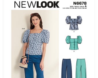Puede incluir: Una mujer lleva una blusa azul con estampado floral, mangas abullonadas y pantalones azules de pernera ancha. La imagen también muestra un patrón para una blusa y un pantalón similares en un color diferente. El texto "NEWLOOK" y el número de patrón "N6678" son visibles.