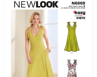 Puede incluir: Una mujer modela un vestido verde amarillento con cuello en V, tirantes anudados y bolsillos. El patrón es de New Look, estilo N6669, e incluye una opción con estampado floral. Tallas: 38-50.