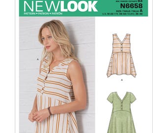 Puede incluir: Una mujer lleva una túnica sin mangas a rayas con botones. La túnica es de color crema con rayas marrones verticales. La imagen también muestra un patrón de costura para la túnica, con el texto "NEW LOOK".