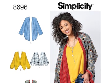 May include: A sewing pattern for a long-sleeved, open-front top with a variety of fabric options. The pattern includes four different styles: a blue top, a yellow top, a black and white patterned top, and a red and black patterned top. The pattern is Simplicity 8696.