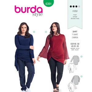 Può includere: Un cartamodello per una camicia con un dettaglio arricciato sul davanti. Il cartamodello è disponibile nelle taglie EUR 46-56 e US 20-30. Il cartamodello si chiama "Shirt, T-Shirt, Camisa" ed è di Burda Style.