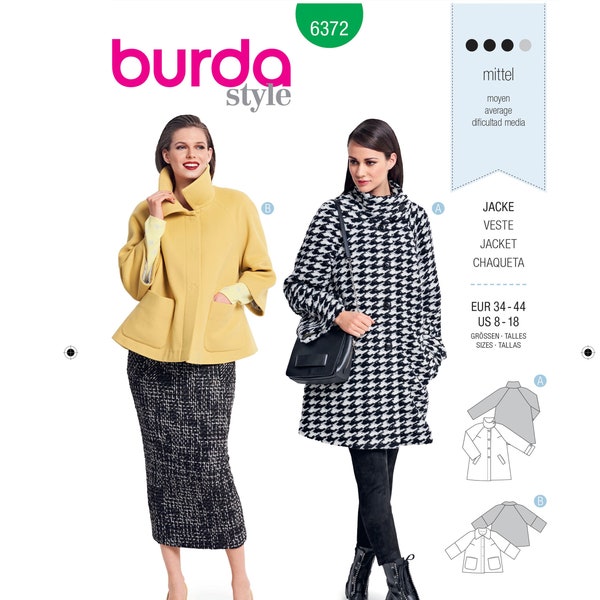 Burda Sewing Pattern 6372 - Misses' Straightly Flared or A-Line, Jacket/Coat in Two Lengths/Styles - Burda Style Patterns - Sz 8 thru 18