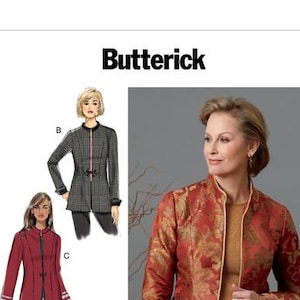 May include: Butterick B6602 sewing pattern featuring four jacket variations. View A is a rust-colored floral brocade jacket. View B is a black and white plaid jacket. View C is a solid red jacket with striped cuffs. View D is a patterned jacket.