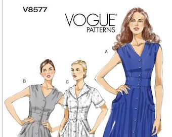Vogue Dress Pattern V8577 - Misses' Flared, Button Front, Midriff Dress with Pockets in Three Variations - Vogue Patterns (Pick size)