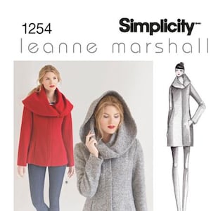 May include: Simplicity pattern 1254 by Leanne Marshall features a coat with a hood and a red coat with a large collar. The pattern includes a drawing of the coat and the text "Designed and printed in the USA".