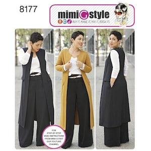 May include: A sewing pattern for a long waistcoat and wide-legged trousers. The pattern is for sizes 8-20 and includes instructions for making the garment. The pattern is from Simplicity and is part of the Mimi G Style line.