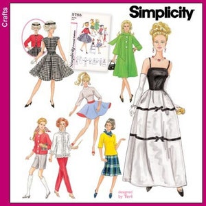 Doll Clothes Pattern - Simplicity 5785 - Simplicity Archives Vintage Reproduction Pattern For 11 1/2 Inch Barbie Dolls - One Size Pattern
