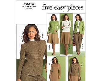 May include: A sewing pattern for five easy pieces of clothing. The pattern includes a skirt, a dress, a jacket, and pants. The pattern is for sizes XS-XL.