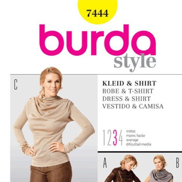Burda Sewing Pattern 7444 - Misses' Ruched, Cowl Neckline, Straight Dress in Two Options or Long Sleeve Top - Burda Patterns - Sz 6 thru 18
