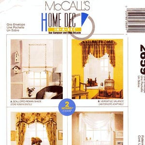 McCall's Pattern 2659 - Home Dec In a Sec - überbackener römischer Farbton, vielseitiger Volant, Dreieckvolant mit Seitenwänden, Sheer Swag & Cafes