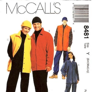 May include: McCall's sewing pattern number 8481 for a fleece vest and pants. The pattern is for sizes small, medium, and large. The pattern includes instructions for making a red fleece vest and black pants, a yellow fleece vest and black pants, and a blue fleece vest and pants.