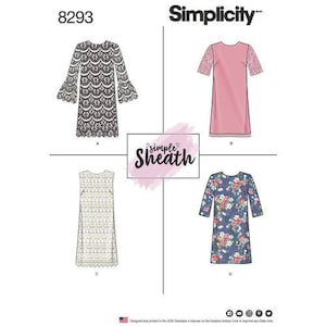 May include: A Simplicity sewing pattern featuring four sheath dress designs. The designs include a black lace dress, a pink dress with lace sleeves, a white patterned dress, and a blue floral dress. The pattern number is 8293.
