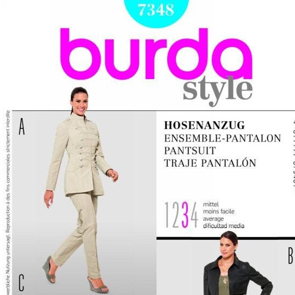 Burda Sewing Pattern 7348 - Misses' Pantsuit, Uniform or Cropped Jackets & Shaped/High Waist Narrow Pants in Two Lengths - Sz 8 thru 18
