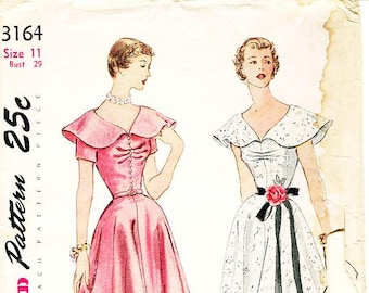 Simplicity Sewing Pattern  3164 - Vintage 1950s Dress Pattern - Misses' Cape Collar One-Piece Dress in Two Variations - SZ 11/Bust 29"