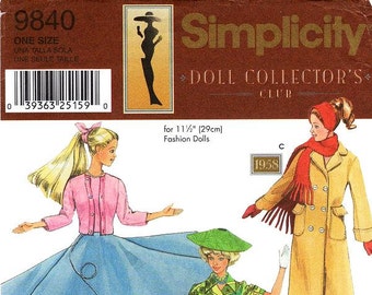 Simplicity Sewing Pattern 9840 - Fabulous Fifties Doll Clothes Pattern - For 11 1/2 Inch Dolls - Doll Collectors Club Pattern