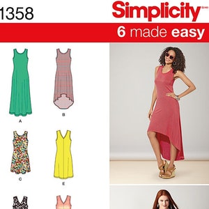 Patrón de costura Simplicity 1358 - Vestidos de punto sin mangas con cuello en V para mujer, con variaciones de largo y escote - Tallas XXS a XXL