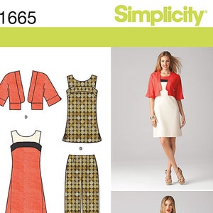 Puede incluir: Un patrón de costura para un vestido, una blusa, unos pantalones y una chaqueta. El patrón es Simplicity 1665. El vestido y la blusa son sin mangas y tienen un escote redondo. Los pantalones son de pierna recta y la chaqueta es corta. El patrón se muestra en dos combinaciones de colores diferentes: rojo y blanco, y dorado y negro.