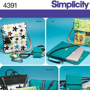 May include: A sewing pattern for a variety of bags, including a laptop bag, a tote bag, and a small pouch. The pattern is from Simplicity and is designed by Elaine Heigl. The bags are shown in different colors and fabrics, including teal, black, and floral.