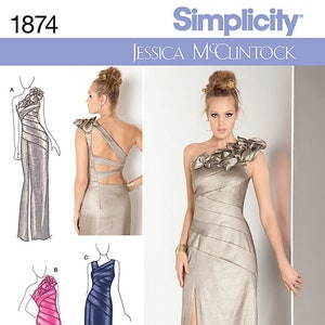May include: A sewing pattern for a long, one-shoulder evening gown with a side slit. The pattern is by Simplicity and is designed by Jessica McClintock. The pattern number is 1874.
