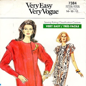 Sz 14/16/18 - Vogue 80s Dress Pattern 7384 - Misses&#39; Loose-Fitting, Dropped Shoulder Straight Dress in Two Variations - Very Easy Very Vogue