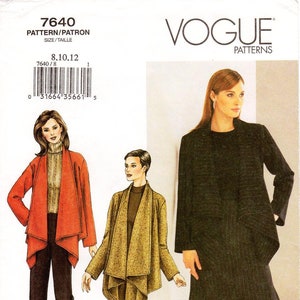 May include: Vogue Patterns sewing pattern number 7640 for sizes 8, 10, and 12. The pattern includes three different styles of jackets: a red jacket, a brown jacket, and a black jacket. The pattern is for women's clothing.