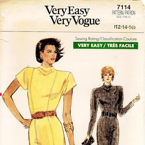 80s Vogue Dress Pattern 7114: Semi-Fitted Straight Dress (Size 12/14/16)