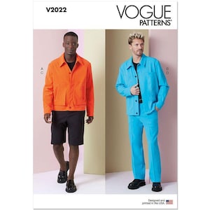 May include: Vogue Patterns V2022 sewing pattern for a jacket and pants. The pattern shows two models wearing the garments. One model is wearing a bright orange jacket and black shorts. The other model is wearing a bright blue jacket and matching pants.