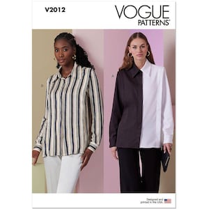 Puede incluir: Patrón de costura Vogue Patterns V2012 para una camisa con dos estilos diferentes. Un estilo es una camisa a rayas con cuello abotonado y mangas largas. El otro estilo es una camisa con un diseño de bloques de color blanco y negro y cuello abotonado y mangas largas. Diseñado e impreso en los Estados Unidos.