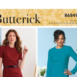 May include: Butterick sewing pattern B6849 for a standard sheath fit dress. The envelope displays two variations: a short-sleeved red dress with a collar and a long-sleeved teal dress with a round neckline. Includes Palmer Pletsch tissue fitting method.