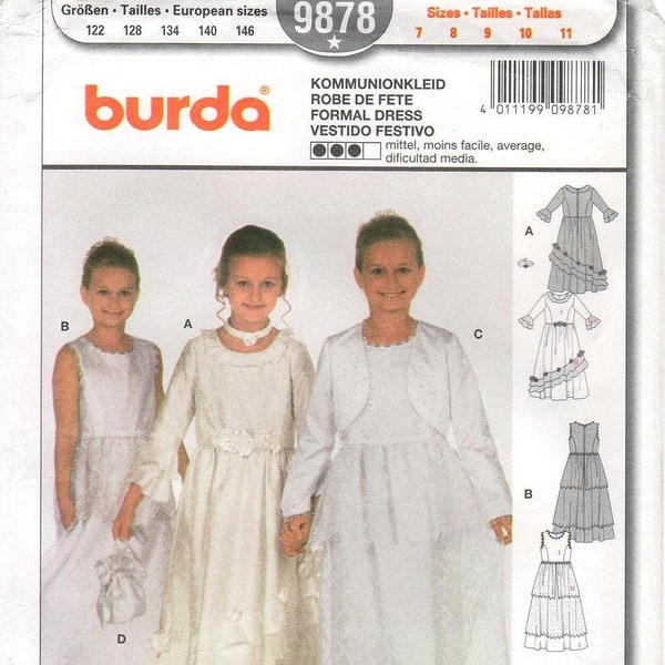 Burda Girl's Sewing Pattern 9878 - Girls' Formal Flowergirl/Communion Dresses, Jacket, Drawstring Bag and Necklace - Sz 7 to 11