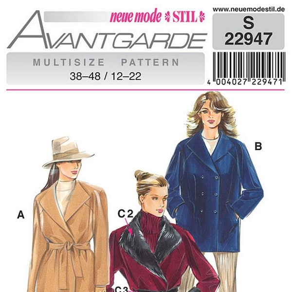Sz 12 to 22 - Neue Mode Coat Pattern S22947 - Misses' Wrap Style or Double Breasted Jacket/Coat - Neue Mode Avantgarde Patterns
