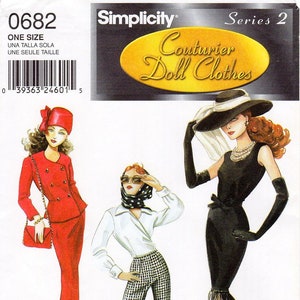 May include: Simplicity pattern number 0682, Series 2, Couturier Doll Clothes. The pattern includes three outfits: a red suit with a hat, a white blouse with black and white checkered pants, and a black dress with a fringe hem and a hat.