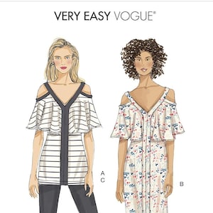 Puede incluir: Un patrón de costura para un vestido o una blusa con hombros descubiertos. El patrón se llama "Very Easy Vogue" y el número de patrón es V9238. El patrón muestra dos estilos diferentes, uno con una blusa a rayas y pantalones y el otro con un vestido de estampado floral.