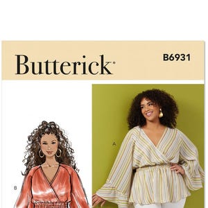 May include: Butterick sewing pattern B6931 featuring a wrap-style blouse with a V-neckline, smocked waist, and long flared sleeves. The pattern includes two variations: a solid coral version and a striped version in white, yellow, and grey.
