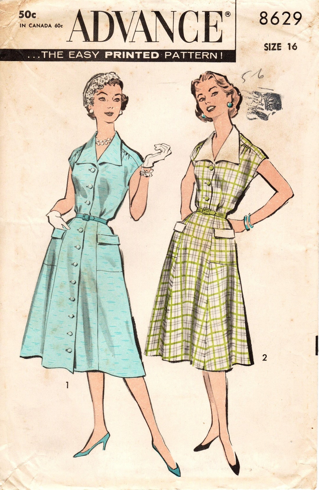 SZ 16/bust 36" - Vintage 50s Dress Pattern - Advance 8629 - Misses ...