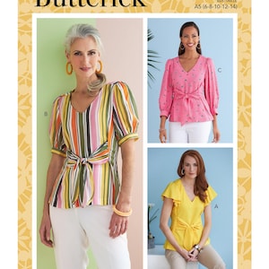 Butterick Sewing Pattern B6731 - Misses' V-Neck Tops w/Front Ties at Waist, Side Zipper and Sleeve Variations (Pick Size)