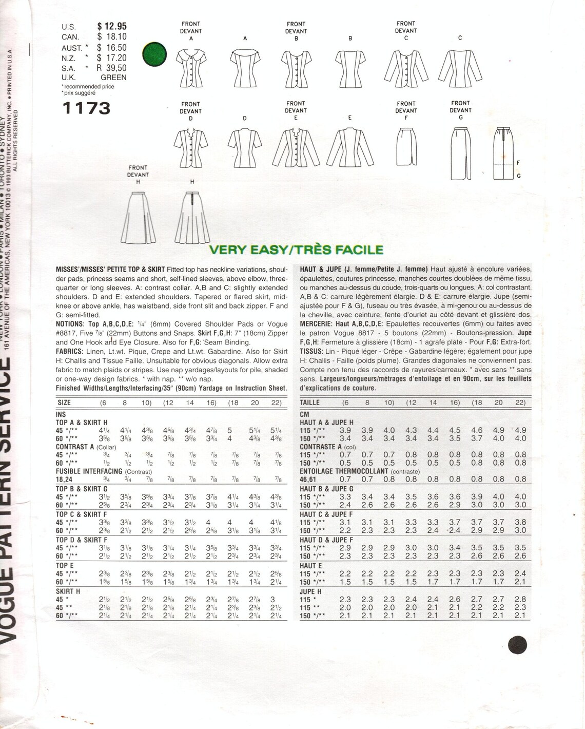 Pattern 18 Aut Vogue 1173 Sewing Pattern: Fitted Top & Skirt, Neckline Variations ...