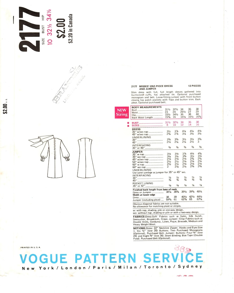 Sz 10 Bust 32 1/2 Vogue Pattern 2177 Misses' Slightly A-Line, One-Piece Dress with Tie and Button Front Jumper Vogue Basic Design image 2