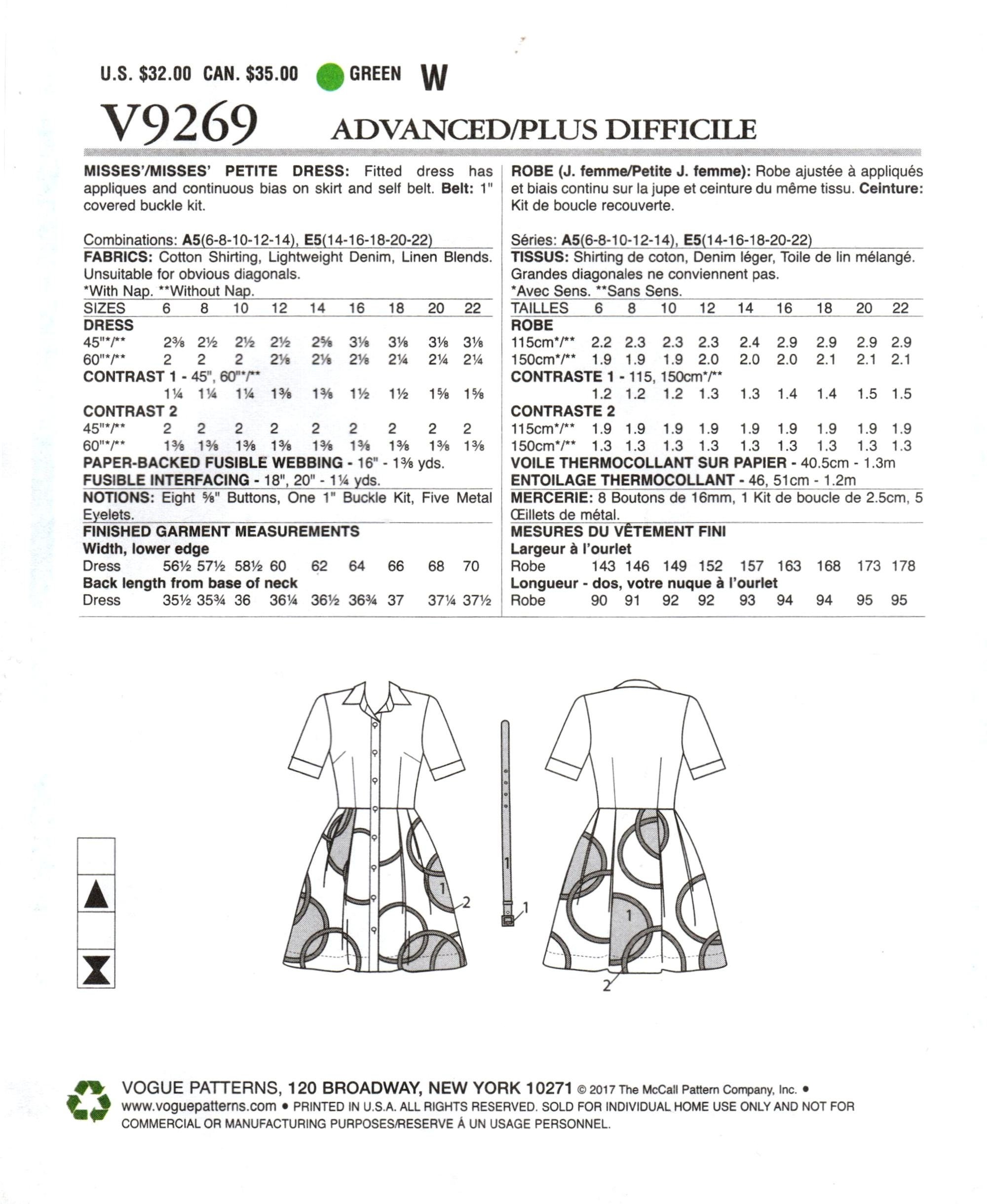 Vogue 9269 Sewing Pattern: Misses' Fit and Flare Shirt Dress - Etsy
