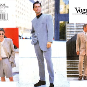 May include: Vogue Men's pattern 1928 featuring three suit styles. The pattern includes a light gray suit, a tan suit, and a jacket with shorts. The pattern size is 32-34-36.