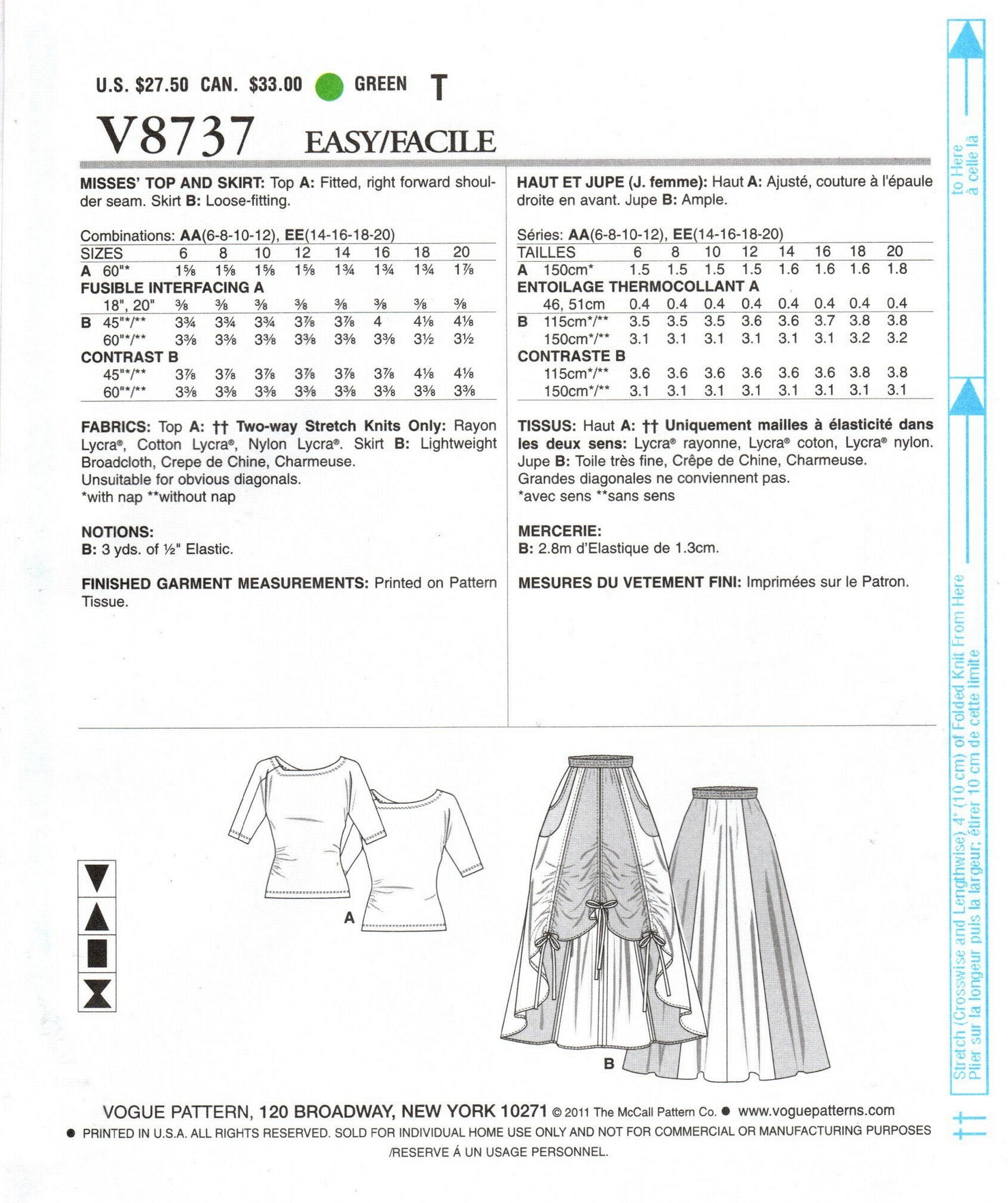 Vogue 8737 裁縫パターン：ニットトップス＆カラーブロックスカート