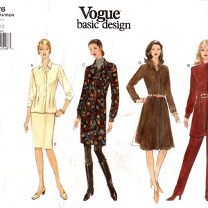 May include: A sewing pattern for a dress and trousers, with four different styles. The pattern is from Vogue Basic Design and is for sizes 8-10-12. The pattern is for a dress with a collar and long sleeves, and trousers with a waistband.