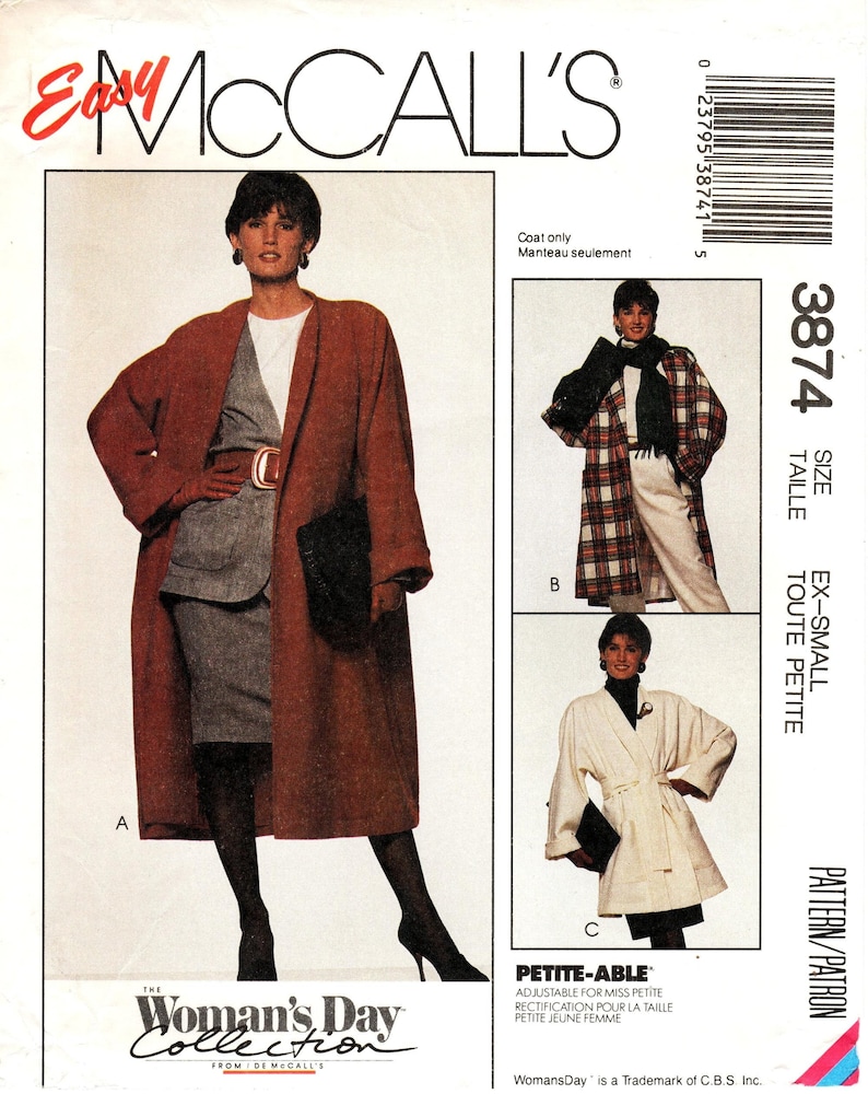 Sz XSm McCall's Coat Pattern 3874 by WOMAN'S DAY Misses' Lined, Shawl Collar, Wrap Coat or Jacket & Belt Easy McCall's Pattern image 1