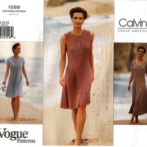 May include: Vogue Patterns sewing pattern featuring three dress designs. The pattern includes sizes 8, 10, and 12. The Calvin Klein Vogue American Designer pattern includes a sleeveless dress, a short-sleeved dress, and a long dress.